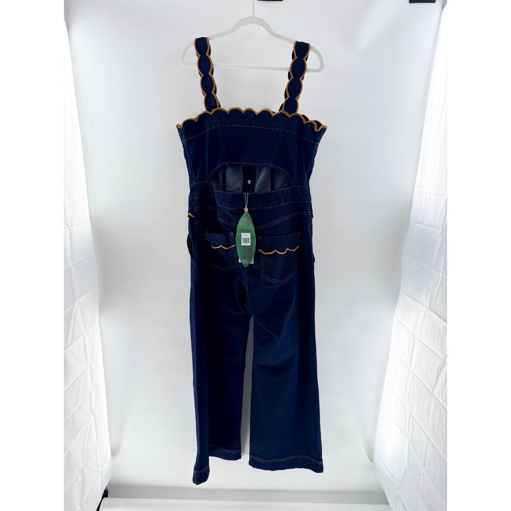 NWT FARM Rio Denim Cloud Scalloped Cutout Flare Jumpsuit Blue Dark Blue Womens L - Picture 6 of 10
